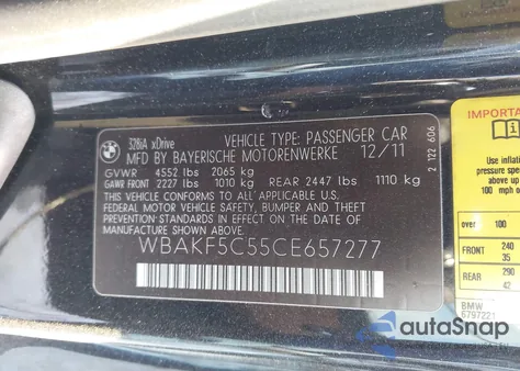 2012 BMW 328I xDrive from USA, damaged, VIN WBAKF5C55CE657277